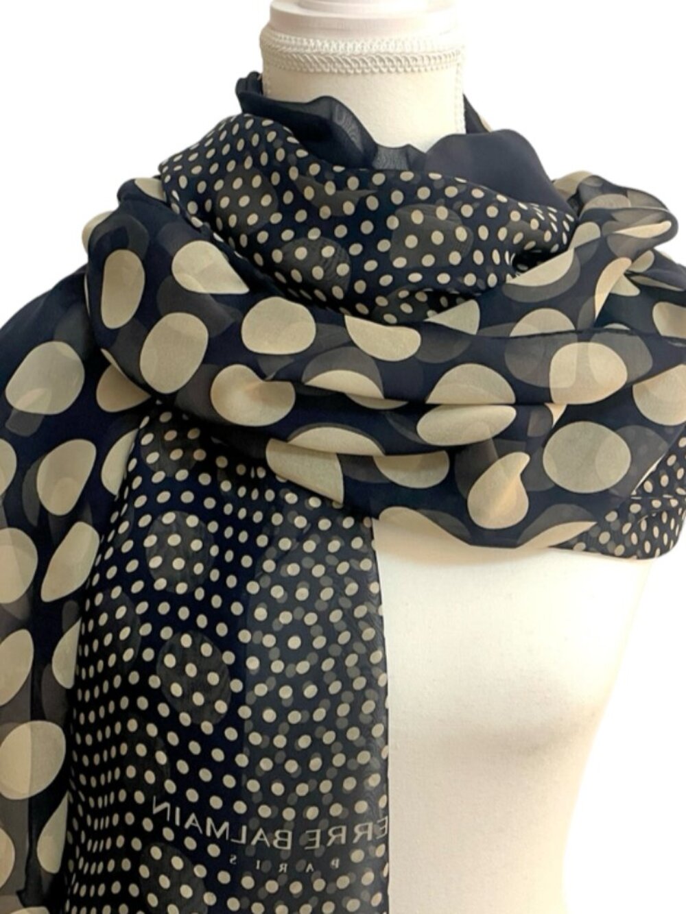 Pierre Balmain Paris 100% Silk Polka Dot Scarf Blue Taupe Long Oblong